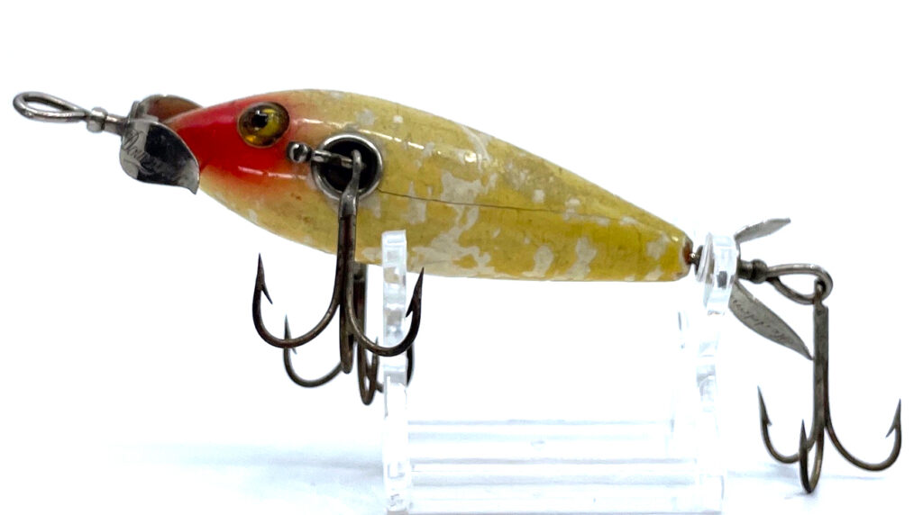 Vintage Heddon Dowagiac Minnow 100 with L-Rig, White with Red Blush